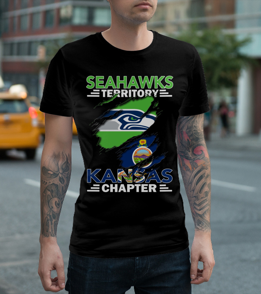 Seahawks Territory Kansas Chapter Logo with Seattle Seahawks and Kansas Flag Elements T-Shirt