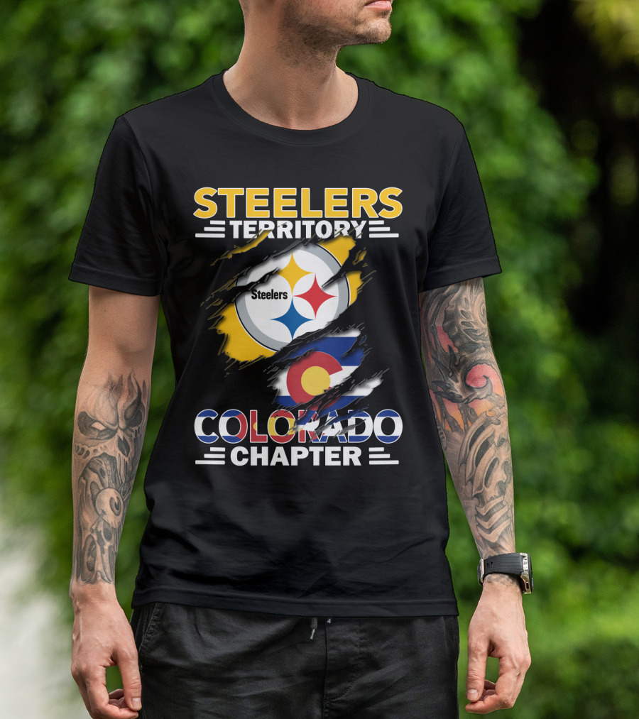 Steelers Territory Colorado Chapter Logo With Colorado Flag And Steelers T-Shirt