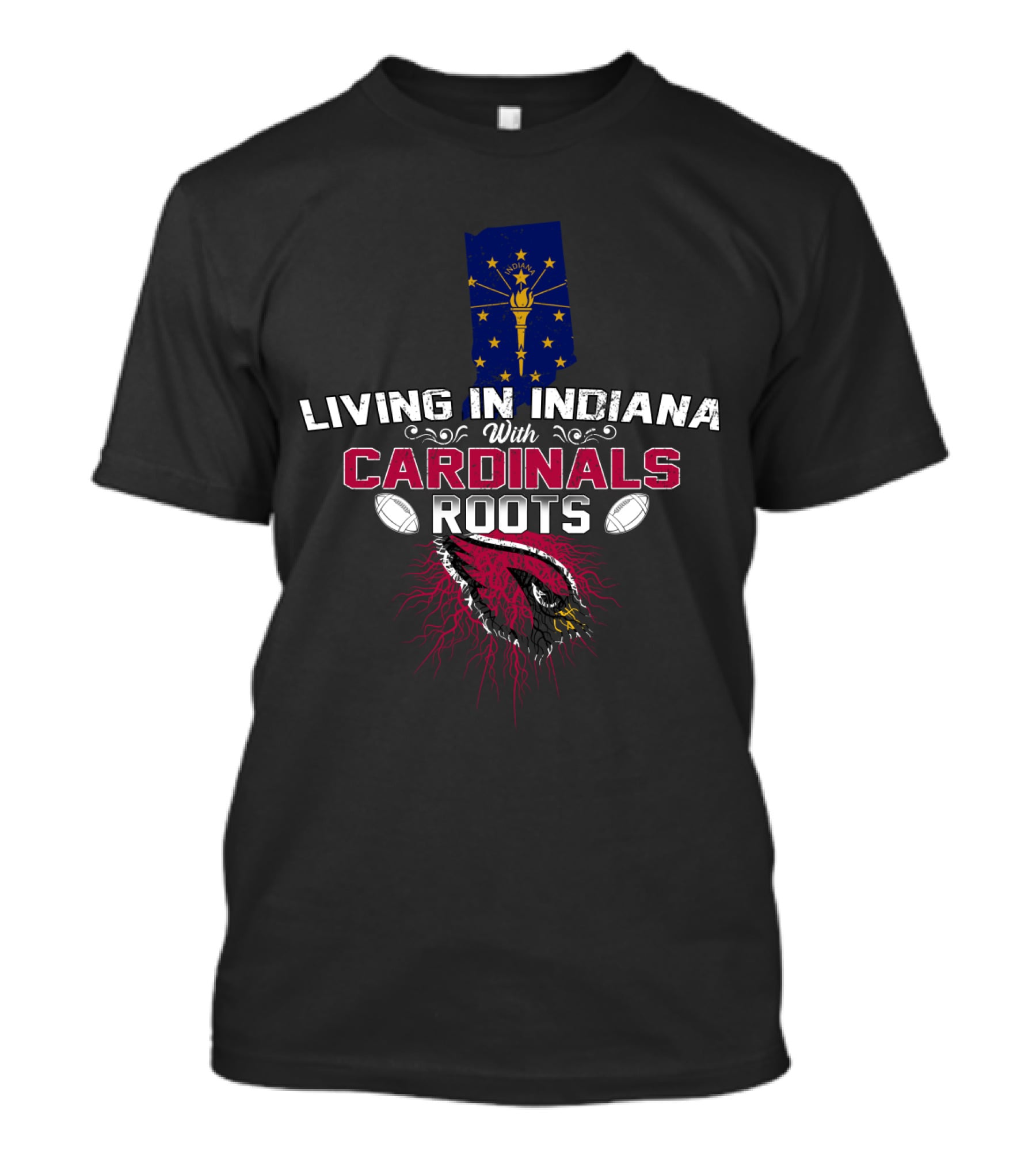 Living In Indiana With Cardinals Roots Featuring Indiana Map And Football Elements T-Shirt