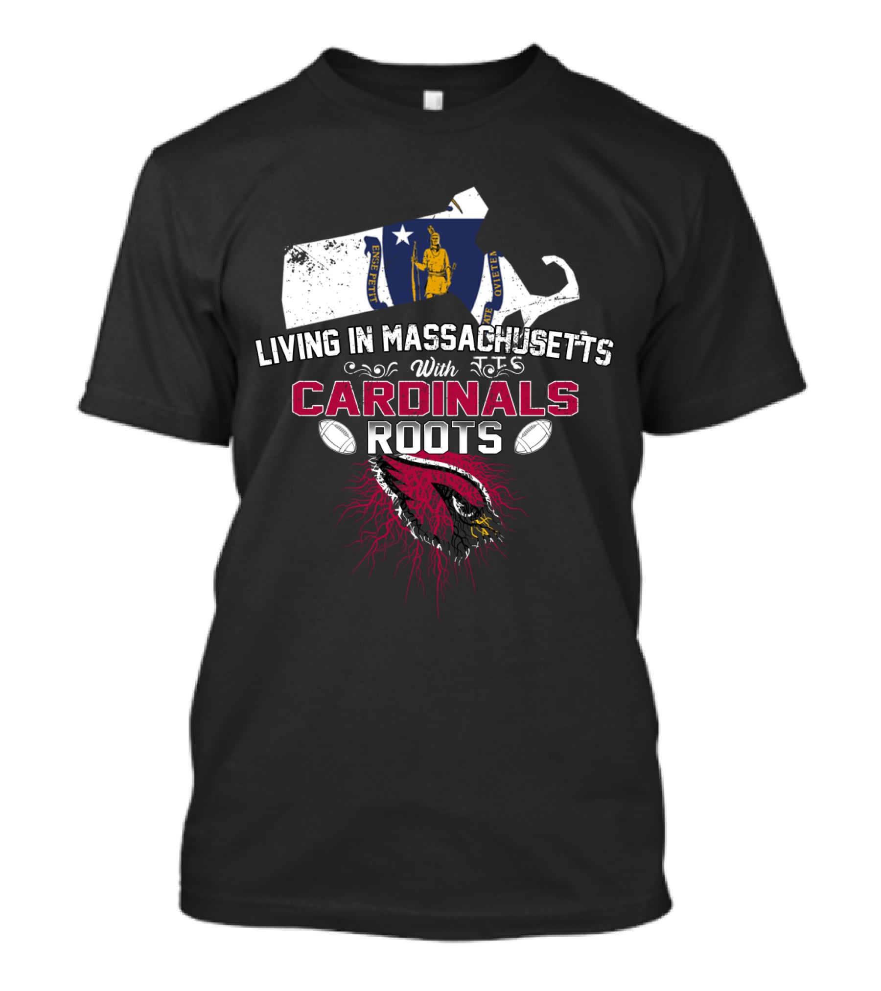 Living In Massachusetts With Cardinals Roots Massachusetts Map Flag And Cardinal Football Mascot Roots T-Shirt
