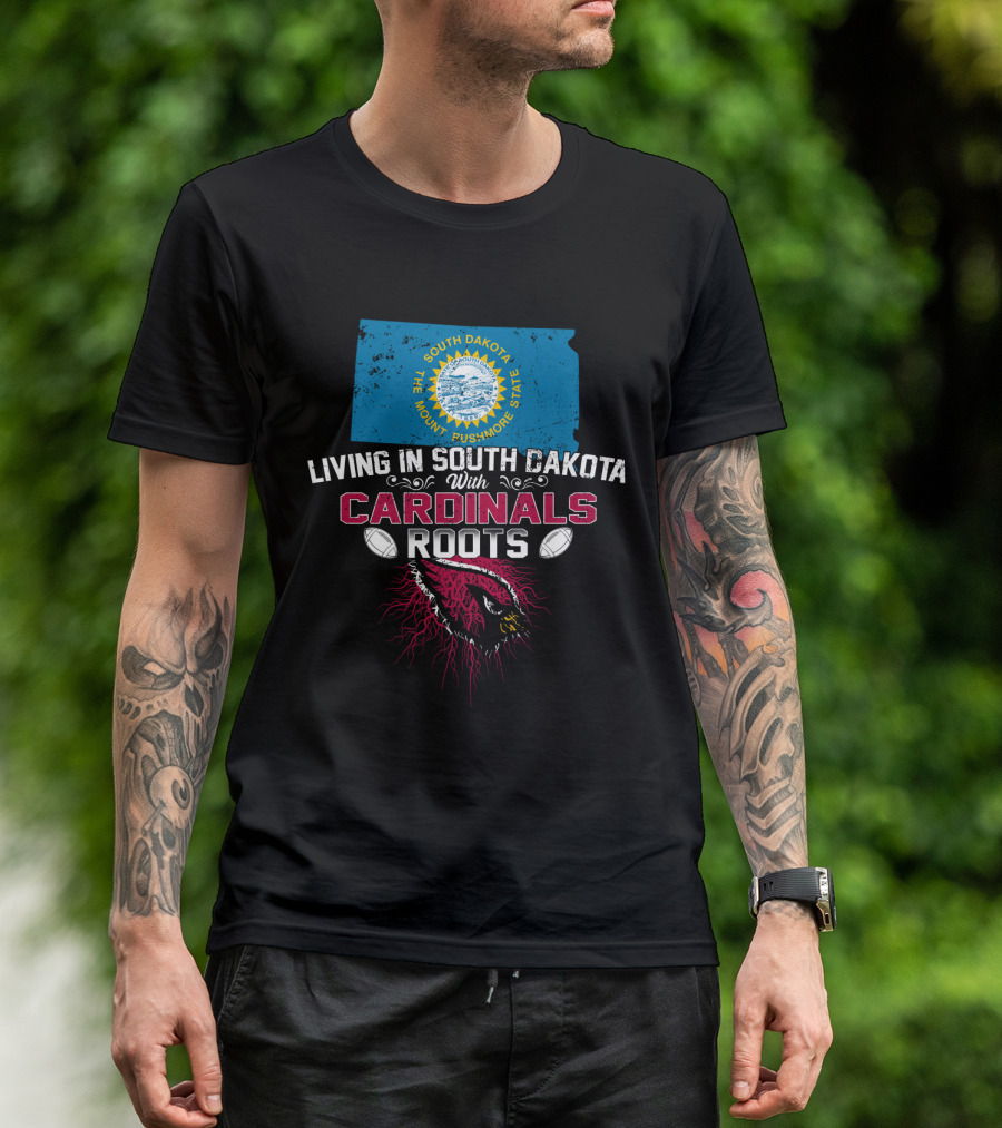 Living In South Dakota With Cardinals Roots South Dakota State Map Flag Football Helmet T-Shirt