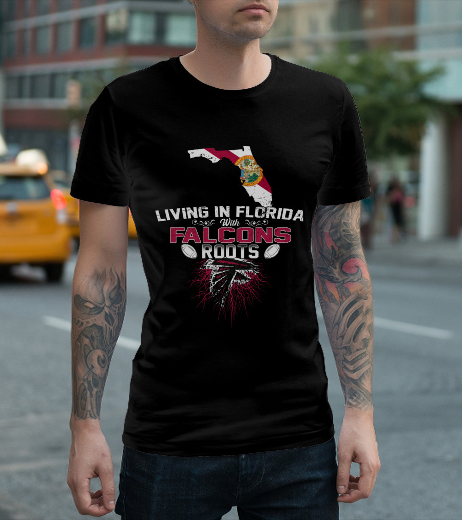 Living In Florida With Falcons Roots State Map And Football Graphics T-Shirt