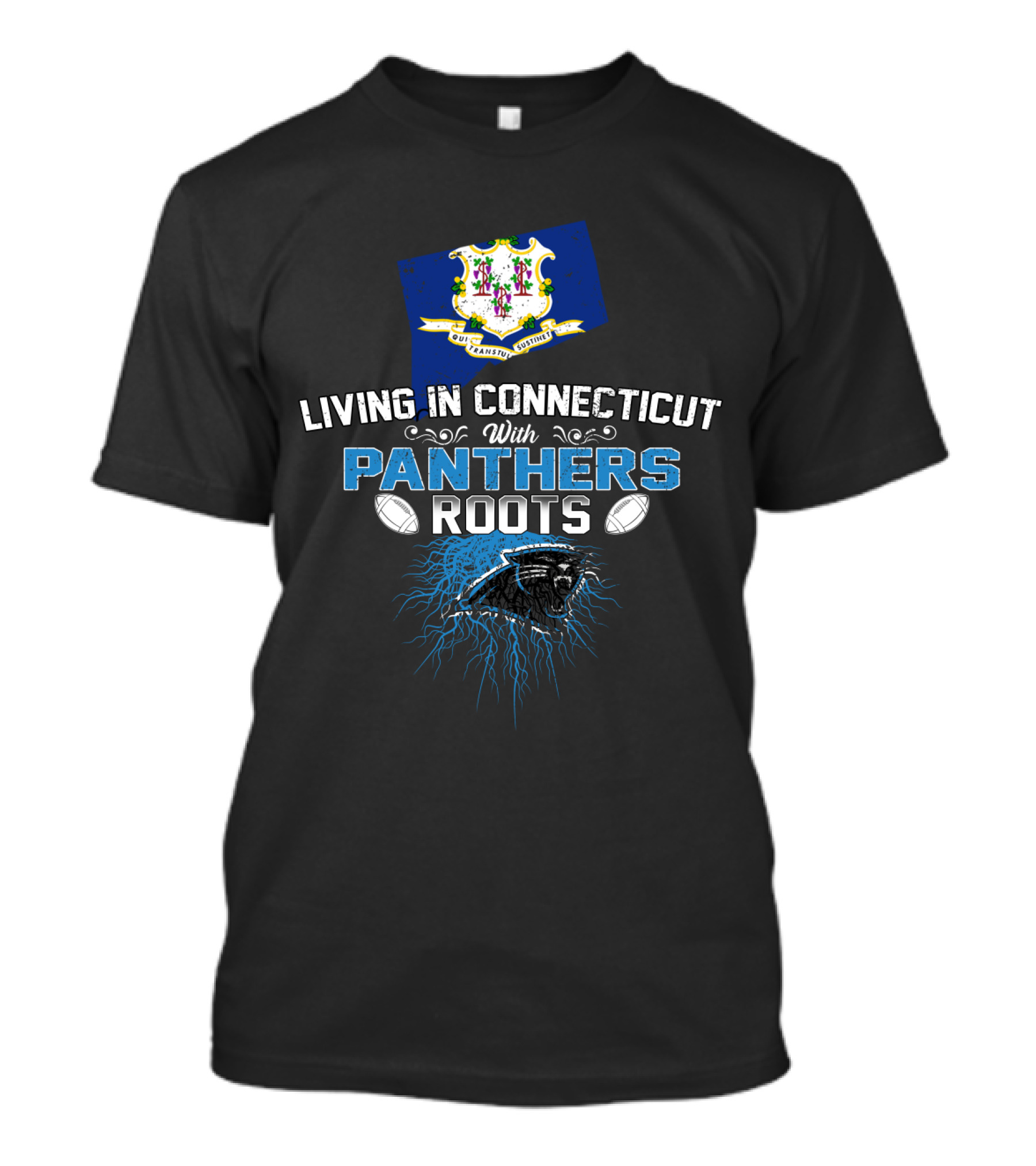 Living In Connecticut With Panthers Roots Connecticut State Map Panthers Logo Background T-Shirt