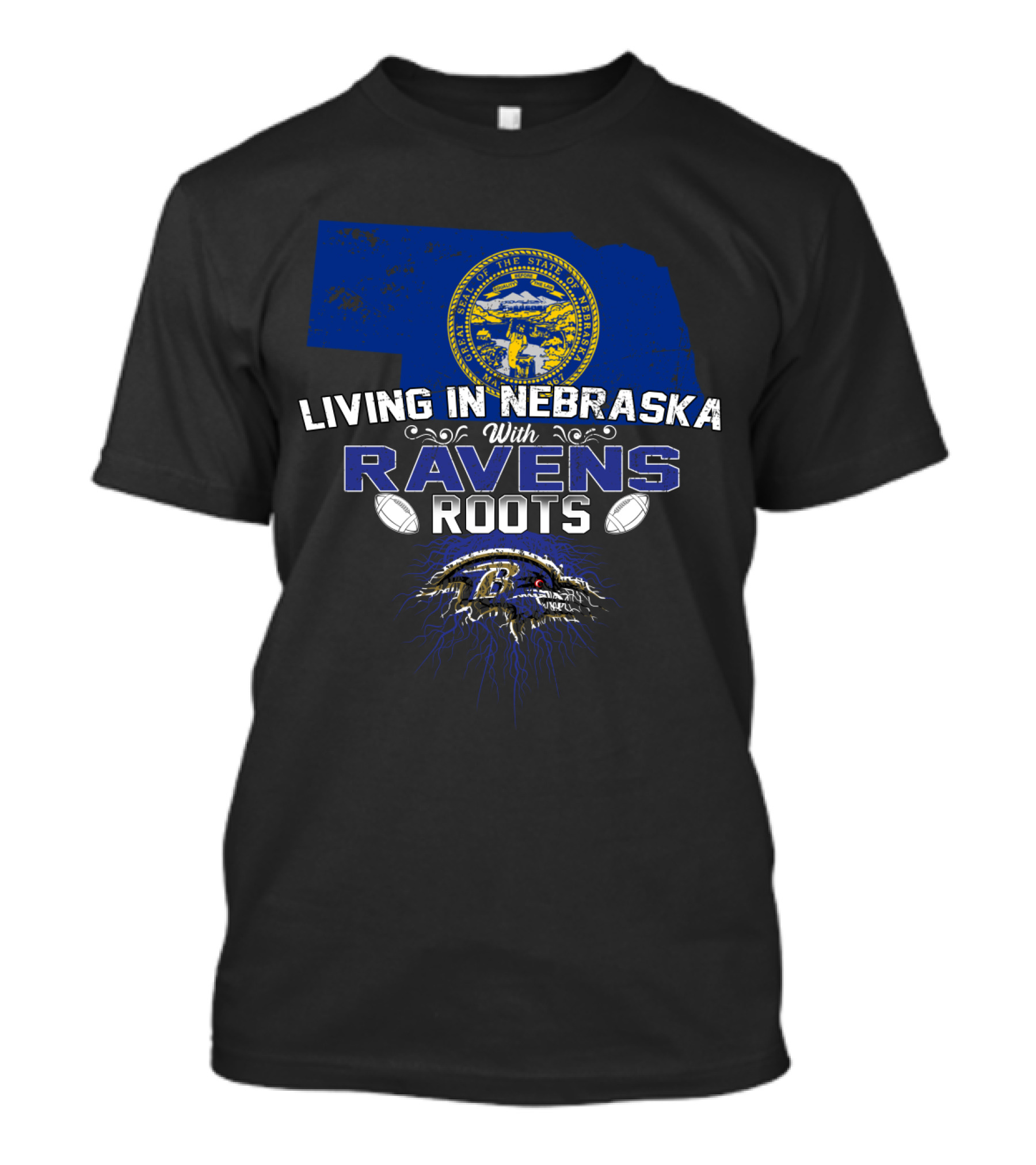 LIVING IN NEBRASKA WITH RAVENS ROOTS Nebraska State Symbol Baltimore Ravens NFL T-Shirt