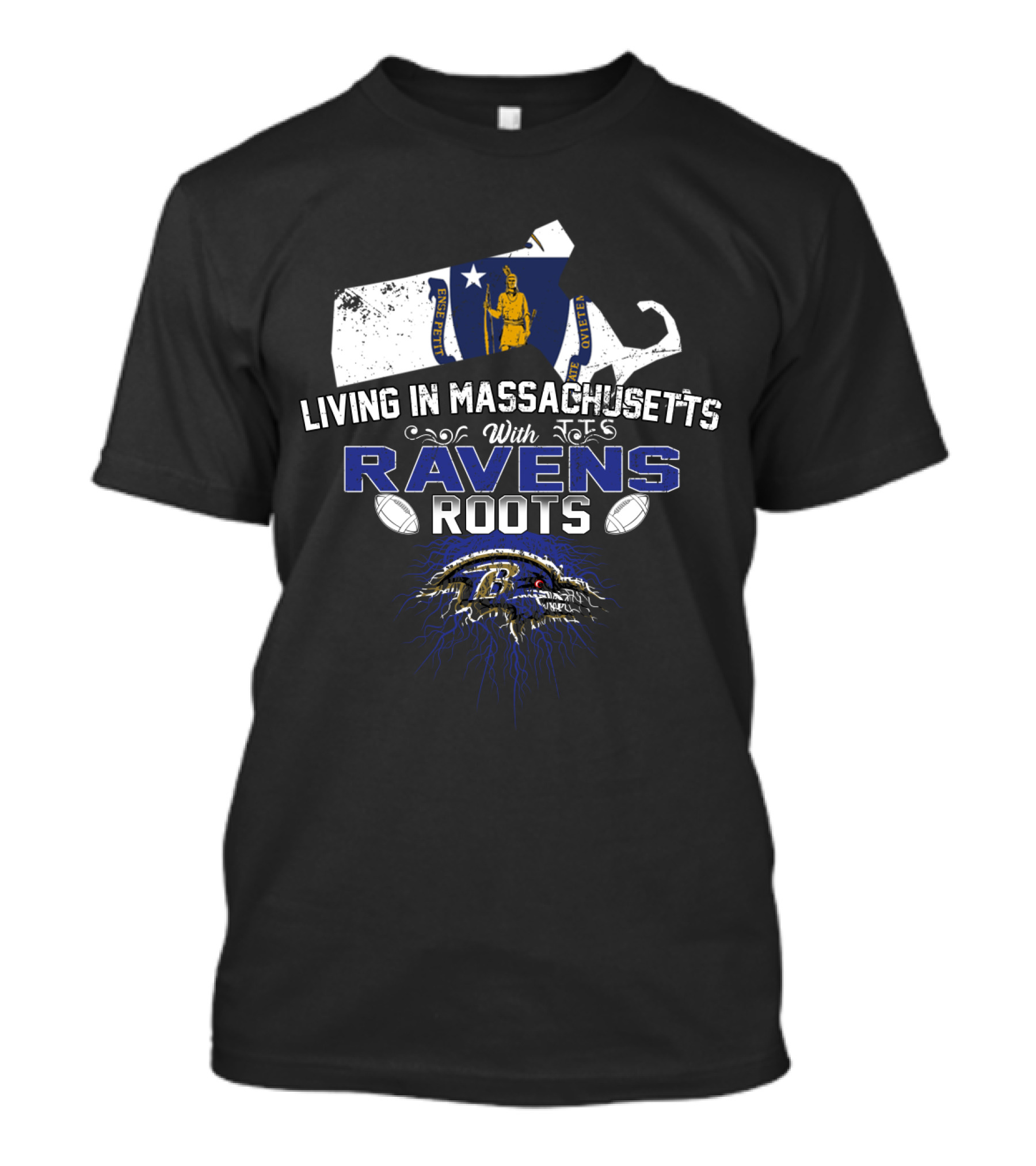 Living In Massachusetts With Ravens Roots Maryland Flag Design Football Connection T-Shirt