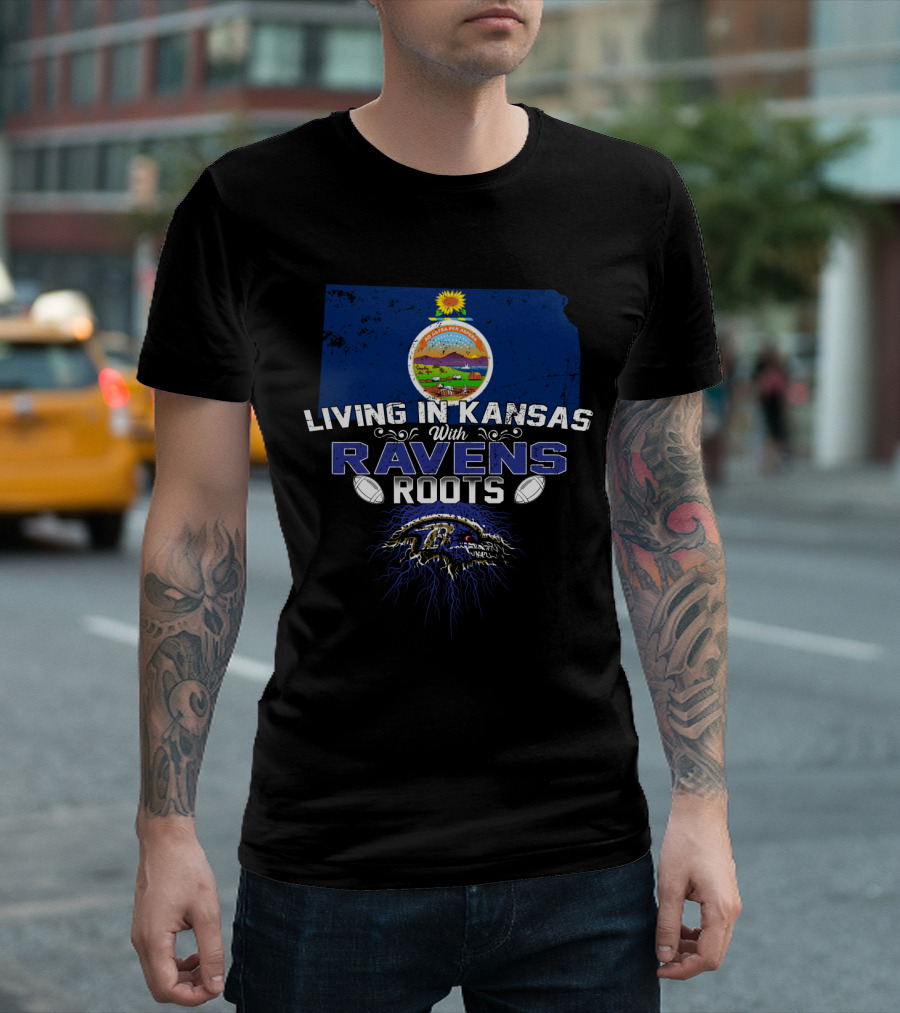 Living In Kansas With Ravens Roots Kansas Seal and Ravens T-Shirt