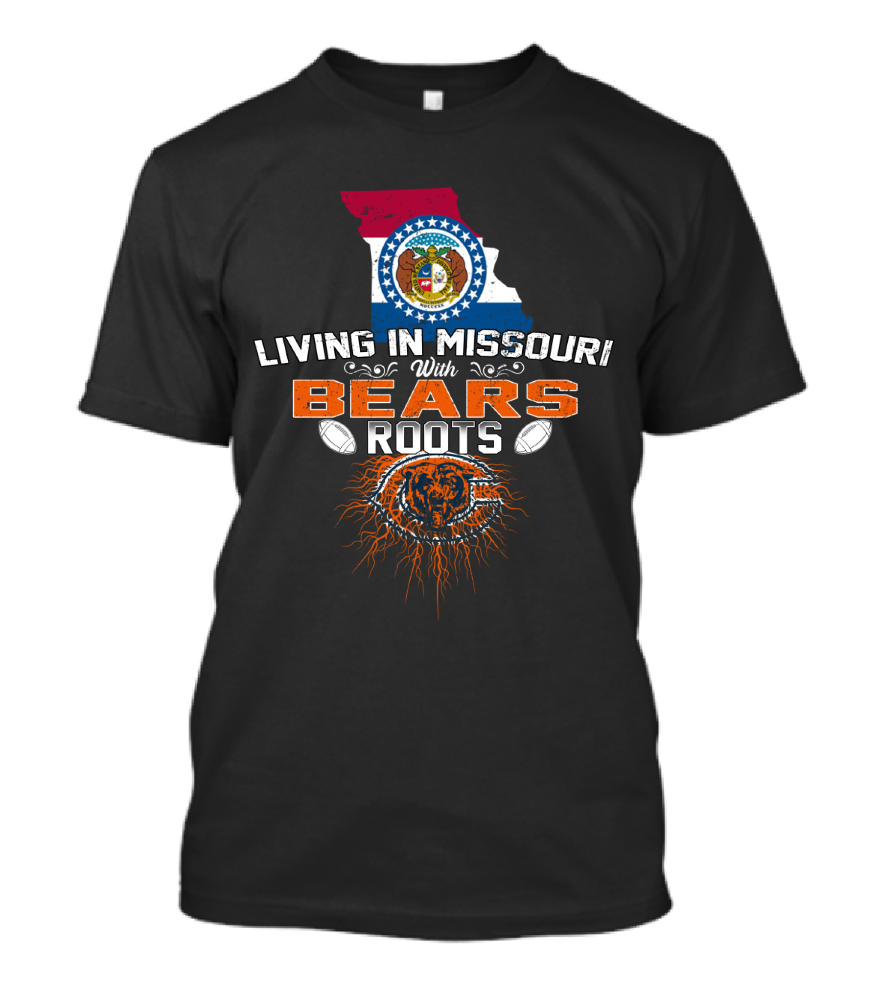Living In Missouri With Chicago Bears Roots Missouri Flag Map Football T-Shirt