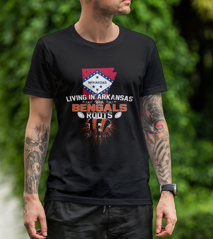 Living In Arkansas With Bengals Roots Football Graphic State Outline Flag T-Shirt