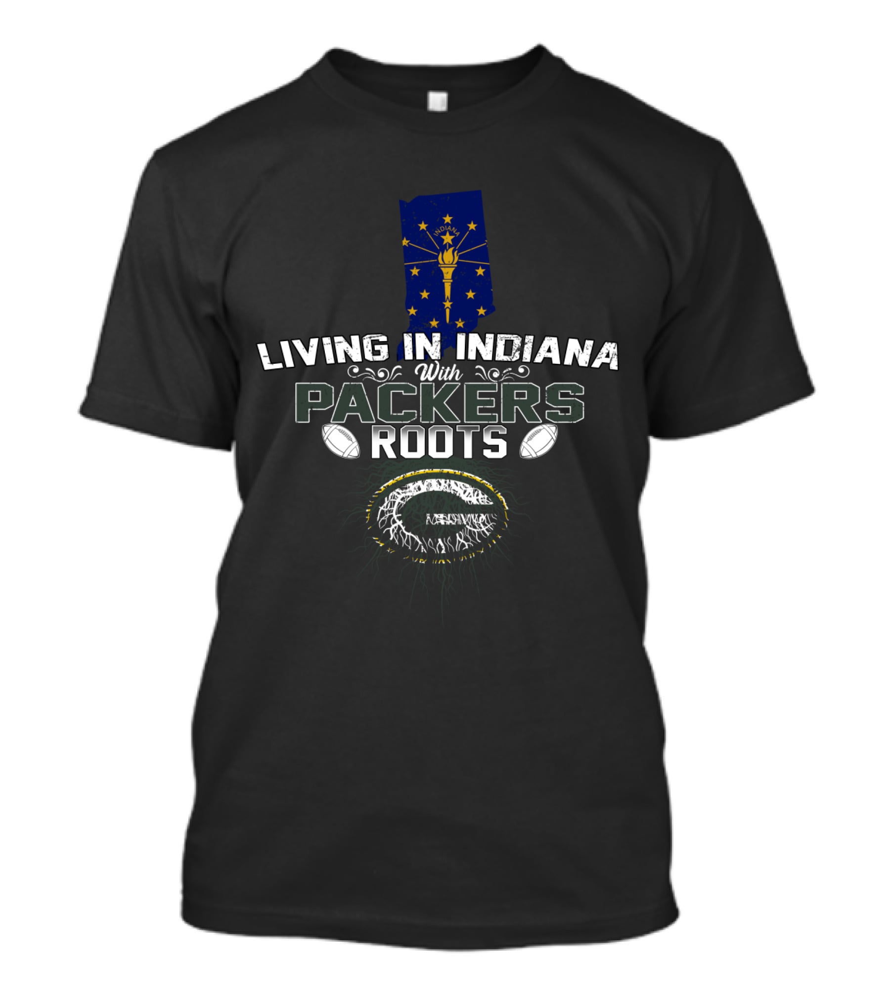Living In Indiana With Packers Roots Featuring Indiana State Flag And Football Iconography T-Shirt