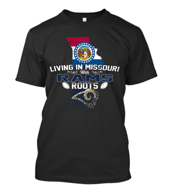 Living In Missouri With Rams Roots And State Seal Map T-Shirt