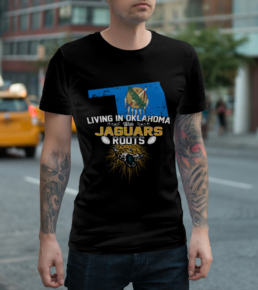 Living In Oklahoma With Jaguars Roots Map and Fierce Jaguar Emblem T-Shirt