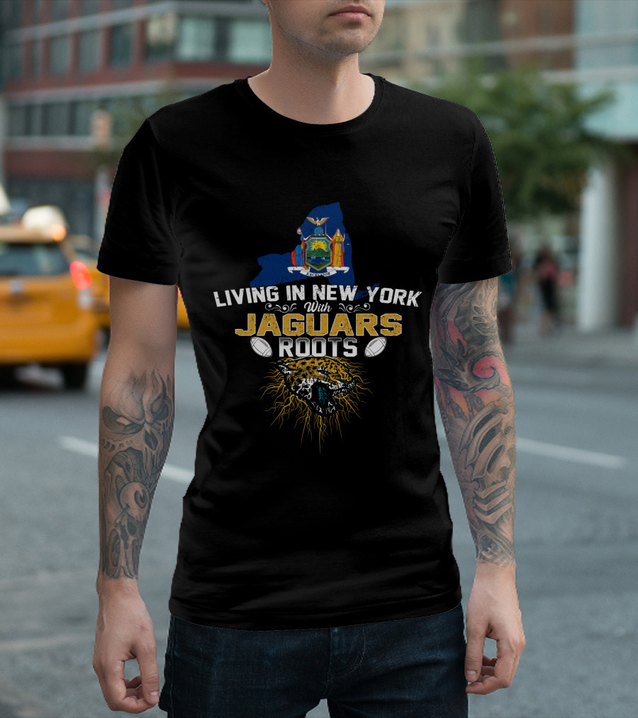 Living In New York With Jaguars Roots New York State Outline Jaguar Head Football Elements T-Shirt