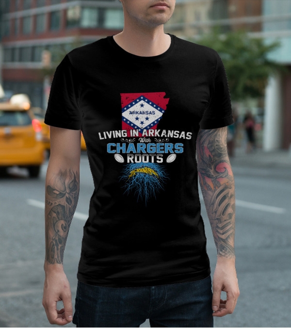 Living In Arkansas With Chargers Roots Arkansas Map And Flag Football Fan T-Shirt