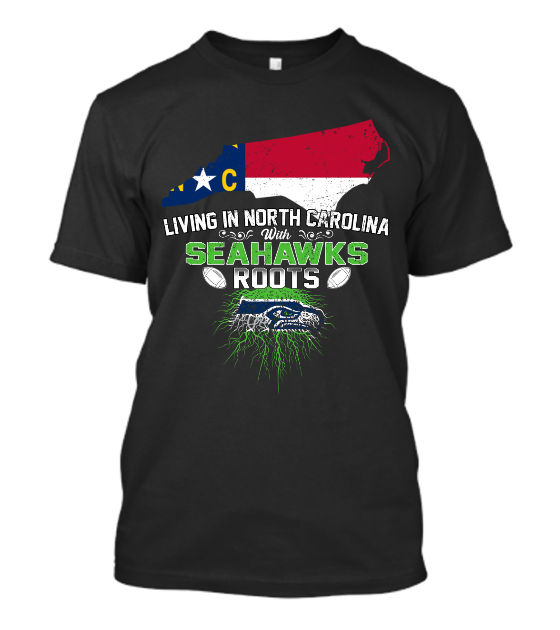 Living In North Carolina With Seahawks Roots NC Map T-Shirt