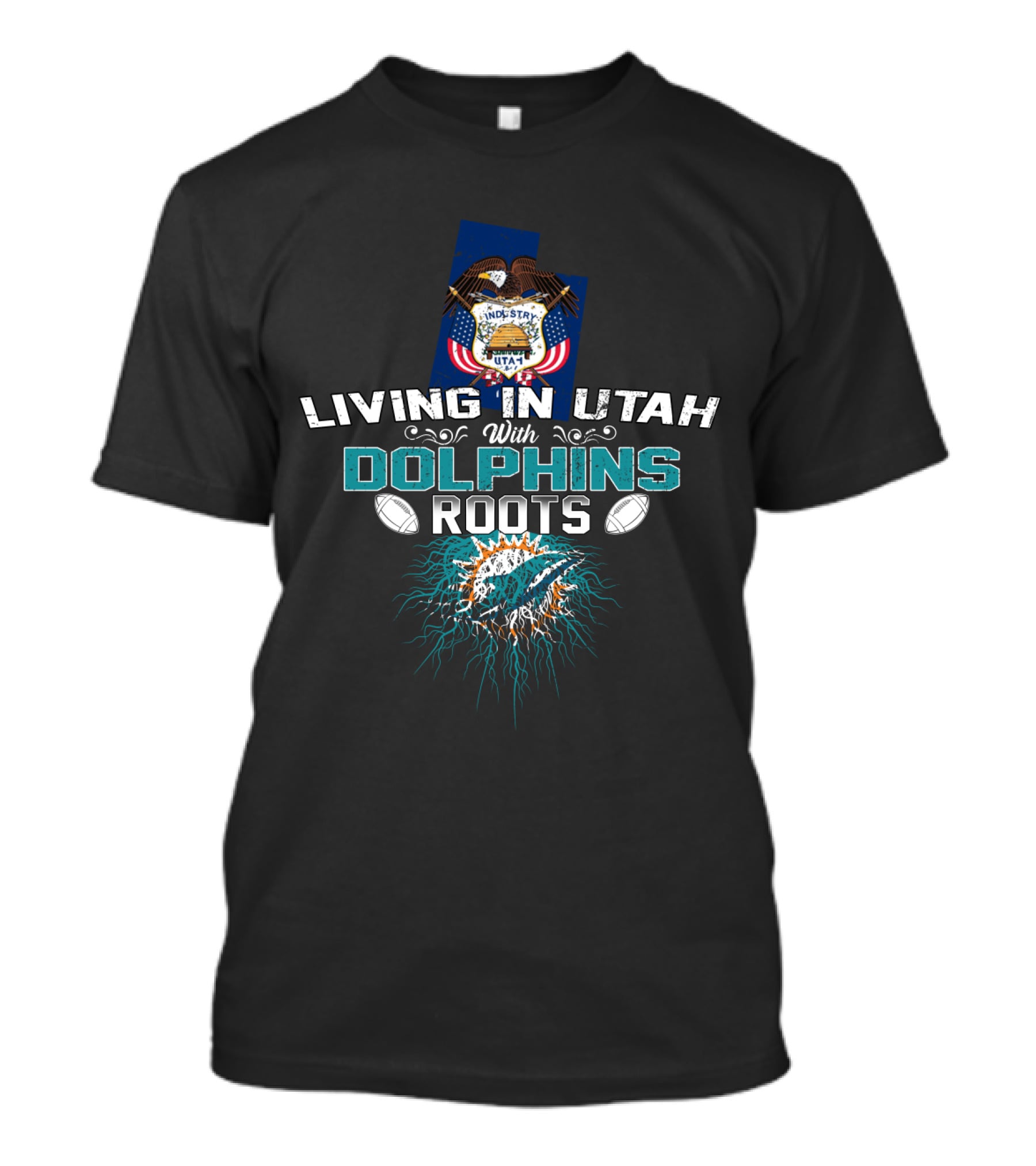 Living In Utah With Miami Dolphins Roots And Utah State Flag T-Shirt