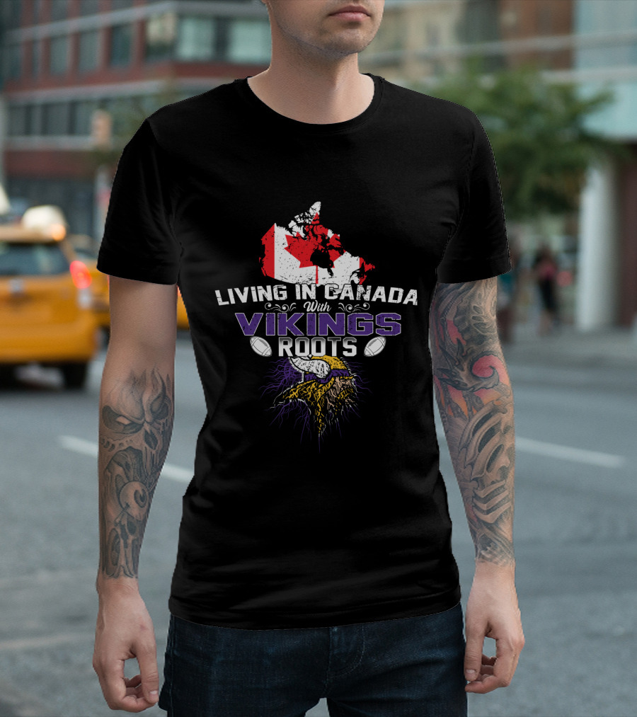 Living In Canada With Vikings Roots Map and Horned Helmet T-Shirt
