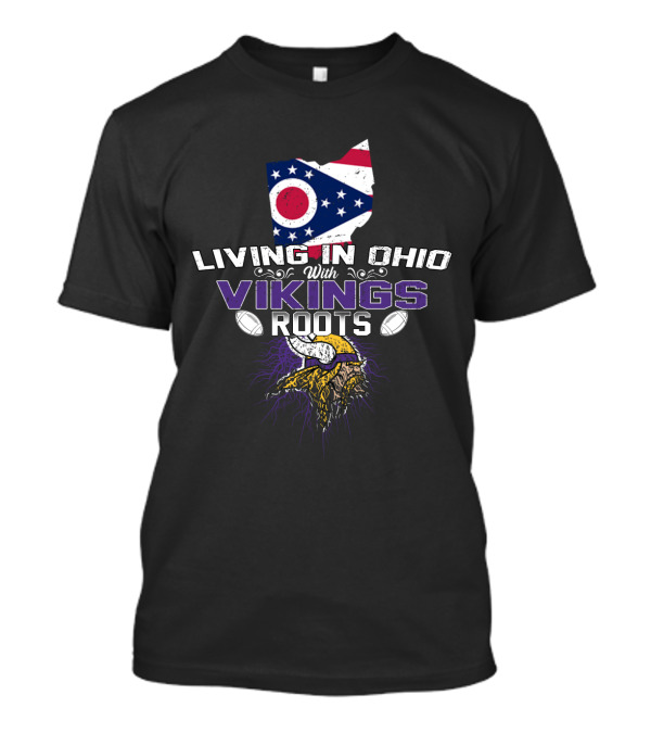 Living In Ohio With Vikings Roots Ohio Flag Map And Viking Helmet With Footballs Elements T-Shirt