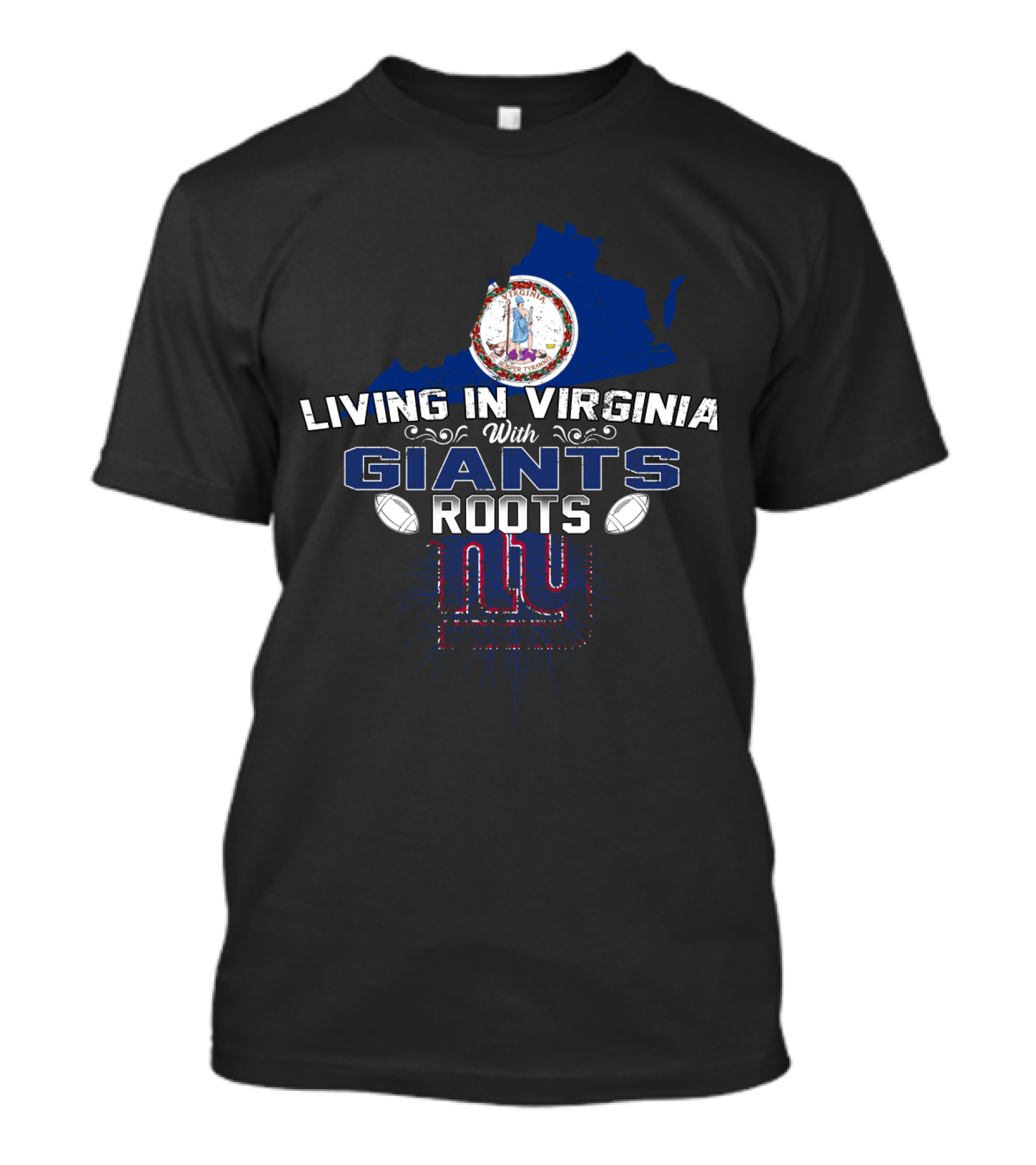 Living In Virginia With New York Giants Roots And State Map T-Shirt
