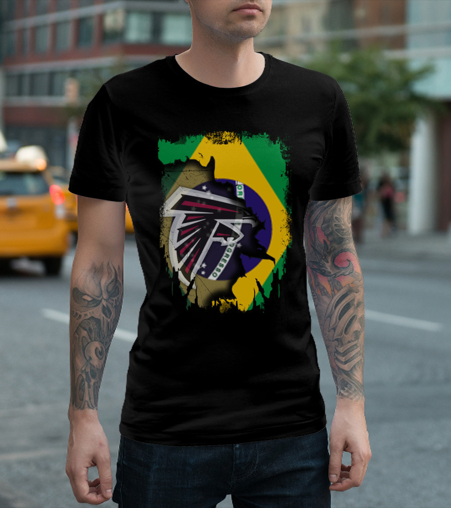 Atlanta Falcons Logo With Brazilian Flag Background T-Shirt