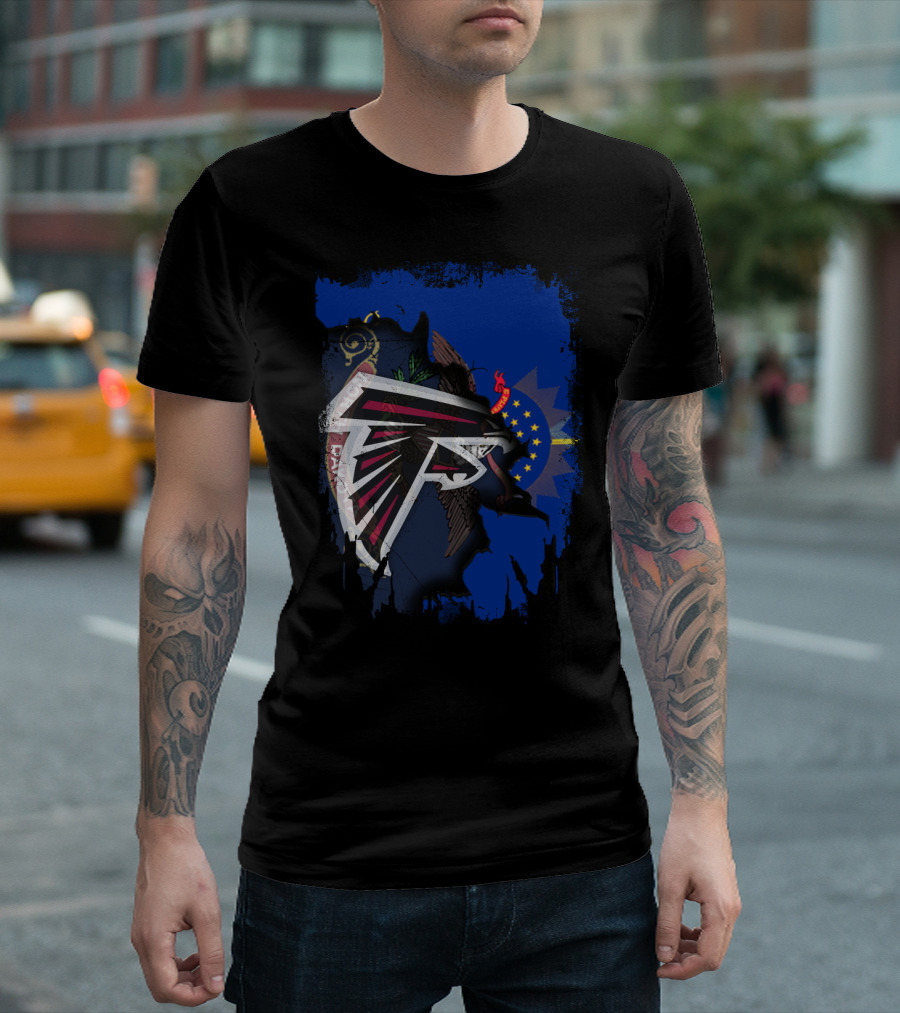 North Dakota Together with Falcons NFL Logo on State Flag Background T-Shirt