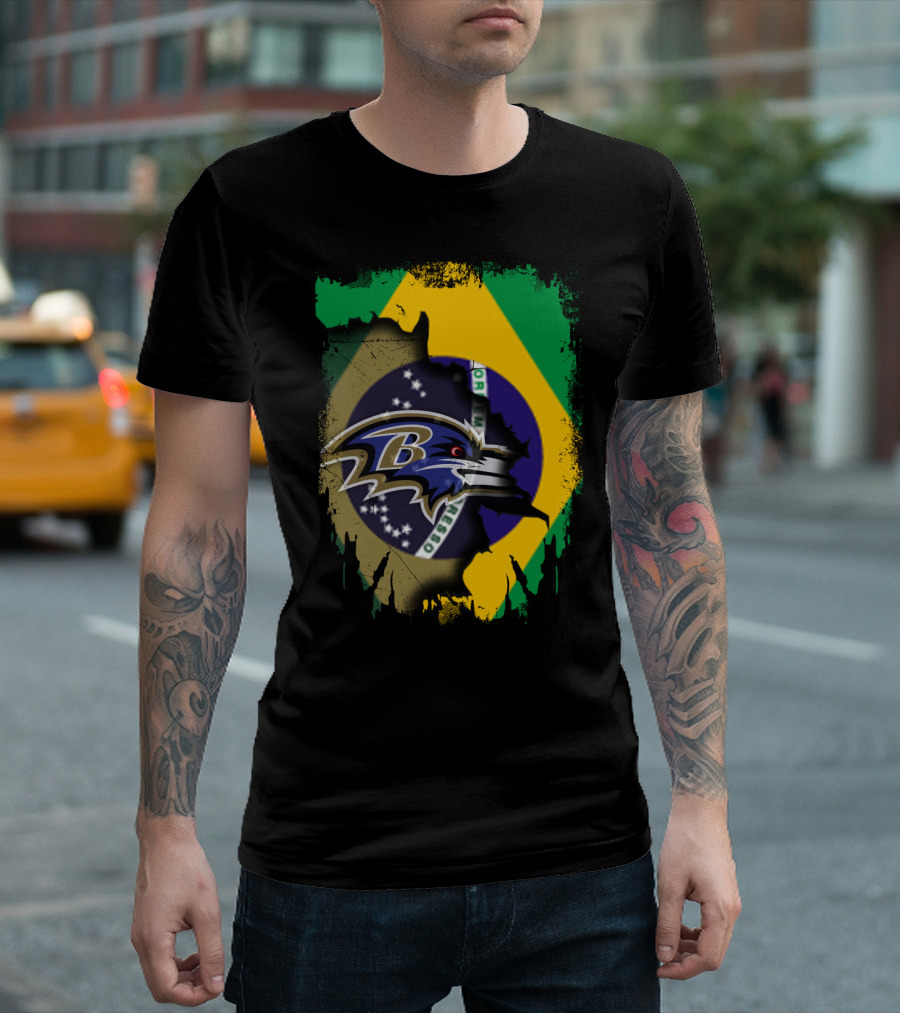 Brazilian Flag with Baltimore Ravens Logo Overlay T-Shirt