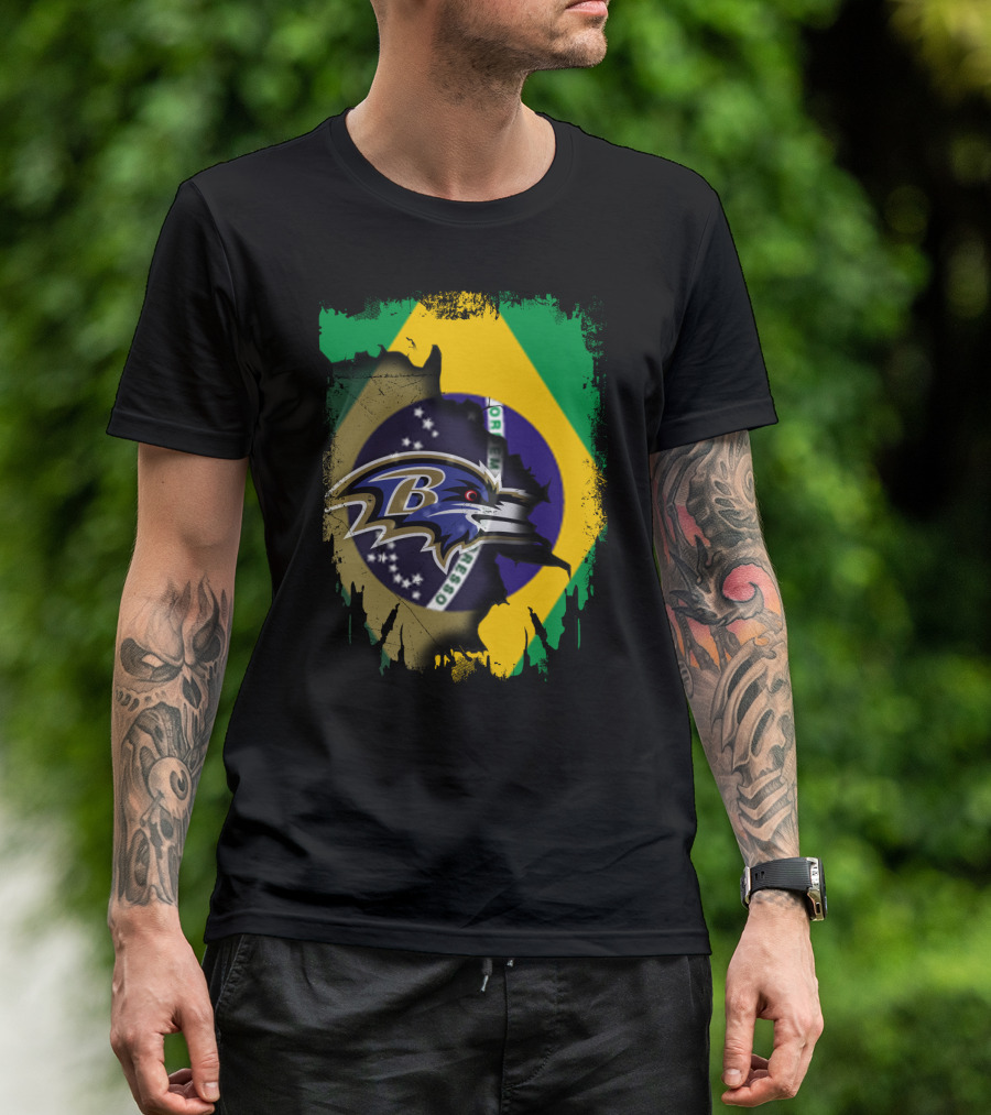 Brazilian Flag With Baltimore Ravens Logo Overlay T-Shirt