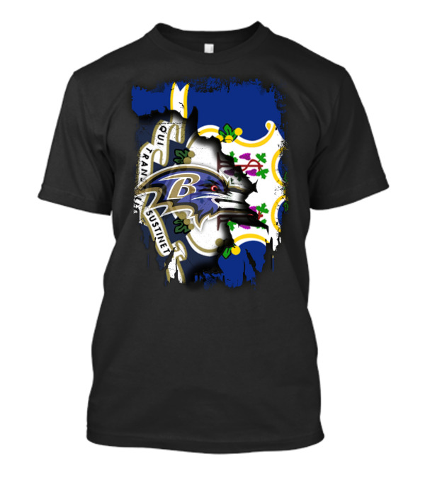 Connecticut State Flag And Baltimore Ravens Logo Fusion T-Shirt
