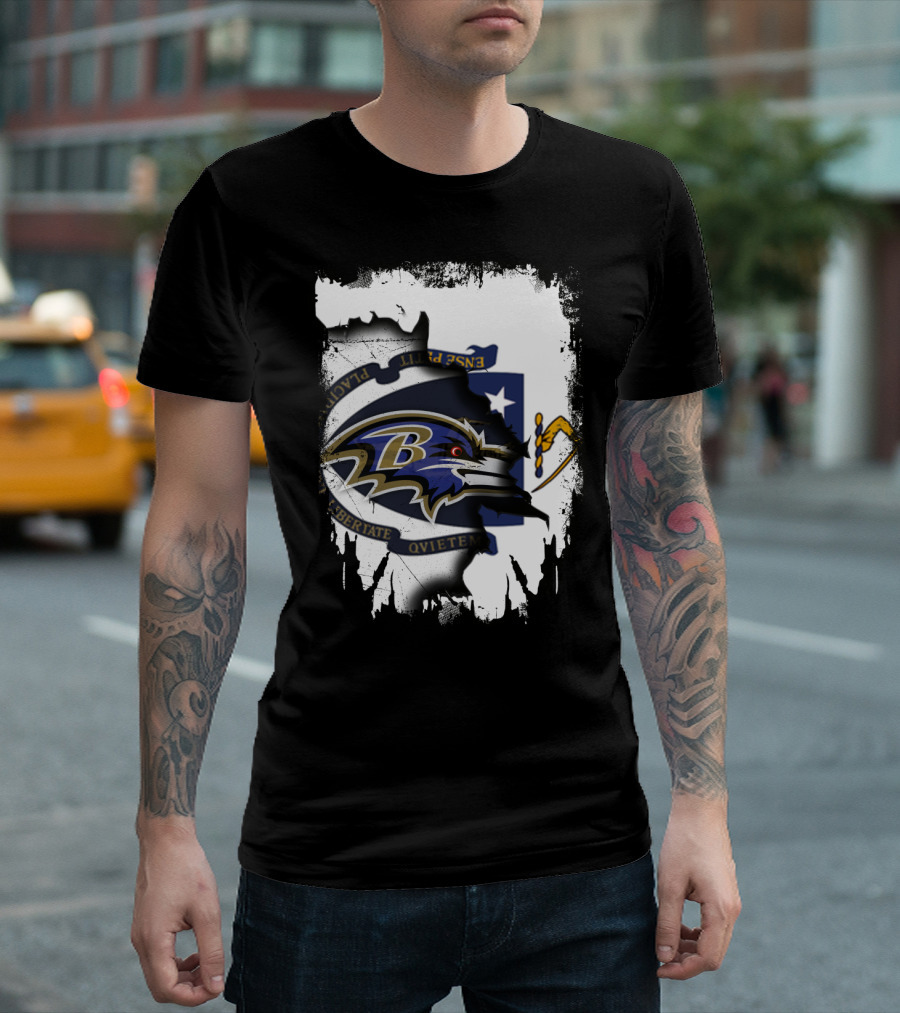 Massachusetts Flag Rip with Baltimore Ravens T-Shirt