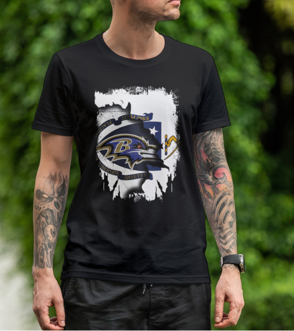 Massachusetts Flag Rip With Baltimore Ravens T-Shirt
