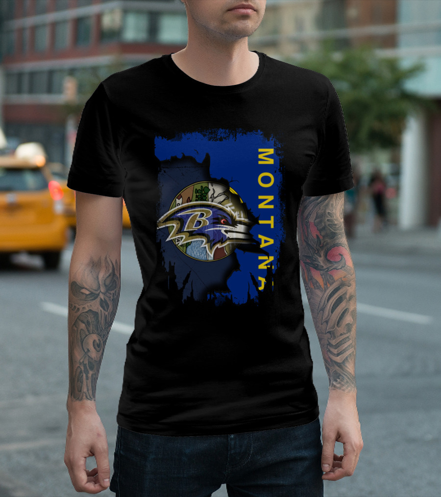 Montana With Baltimore Ravens Logo And Nature Scene T-Shirt