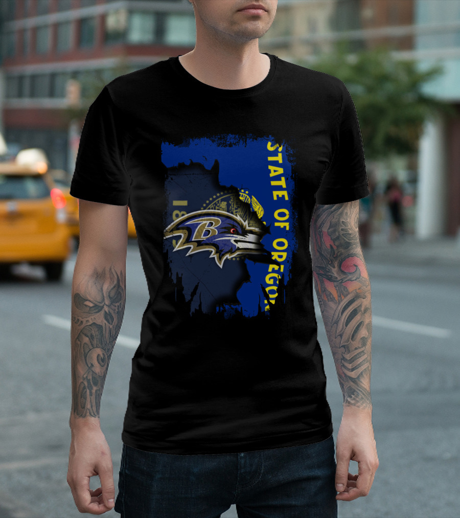 State of Oregon with Baltimore Ravens Logo Overlay T-Shirt