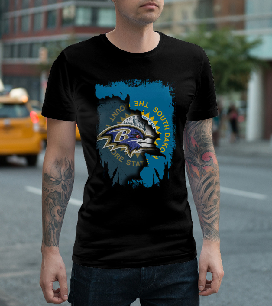 Baltimore Ravens and South Dakota State Flag Fusion T-Shirt