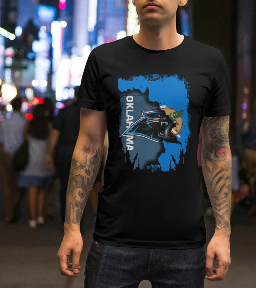 Oklahoma Collaboration With Carolina Panthers Logo And State Flag Elements T-Shirt