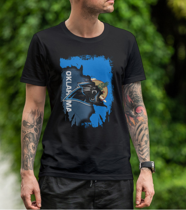 Oklahoma Collaboration With Carolina Panthers Logo And State Flag Elements T-Shirt