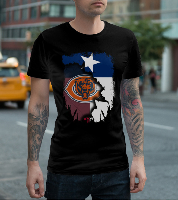 Texas Flag And Chicago Bears Logo Together T-Shirt