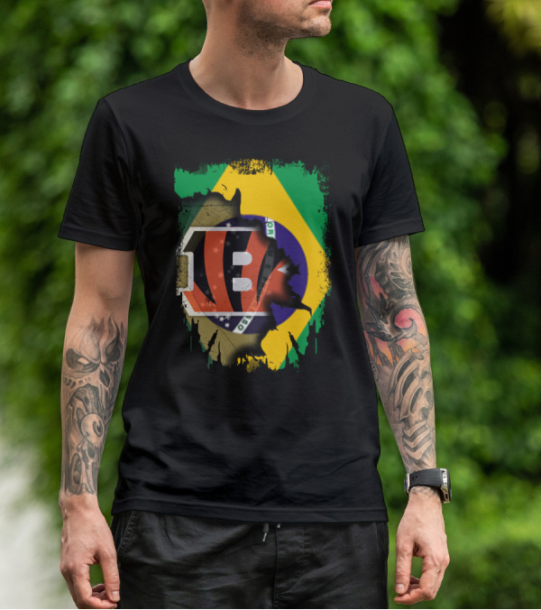 Together Brazil With Cincinnati Bengals Emblem And Flag Fusion T-Shirt