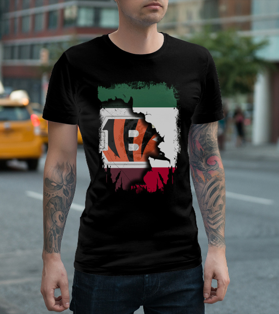 Bengals Logo Over Mexican Flag Together T-Shirt