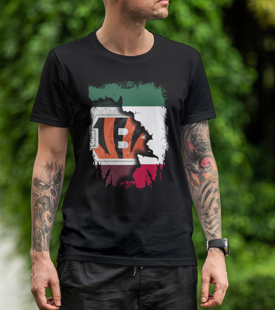 Bengals Logo Over Mexican Flag Together T-Shirt