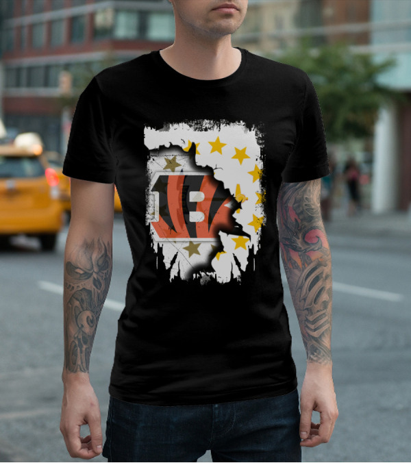 Rhode Island Map With Cincinnati Bengals Logo And Stars T-Shirt