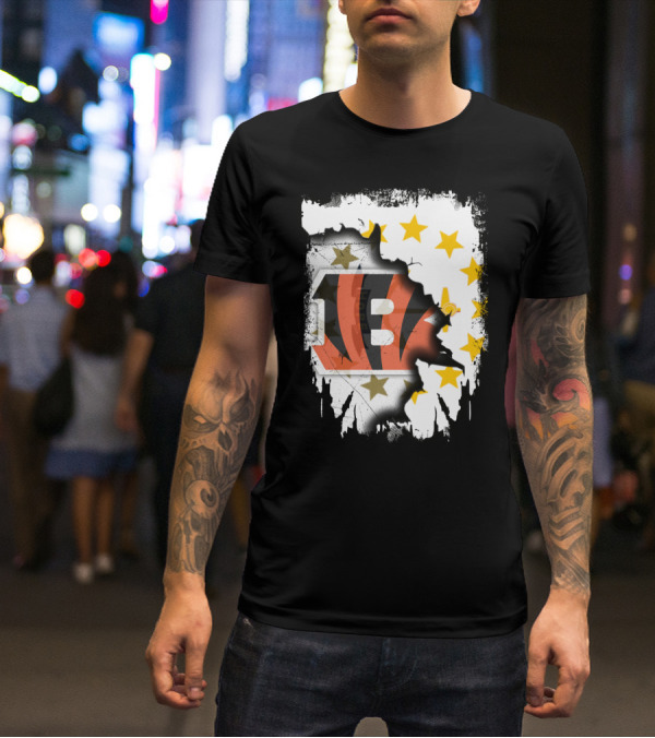 Rhode Island Map With Cincinnati Bengals Logo And Stars T-Shirt