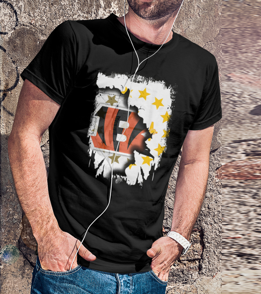 Rhode Island Map With Cincinnati Bengals Logo And Stars T-Shirt