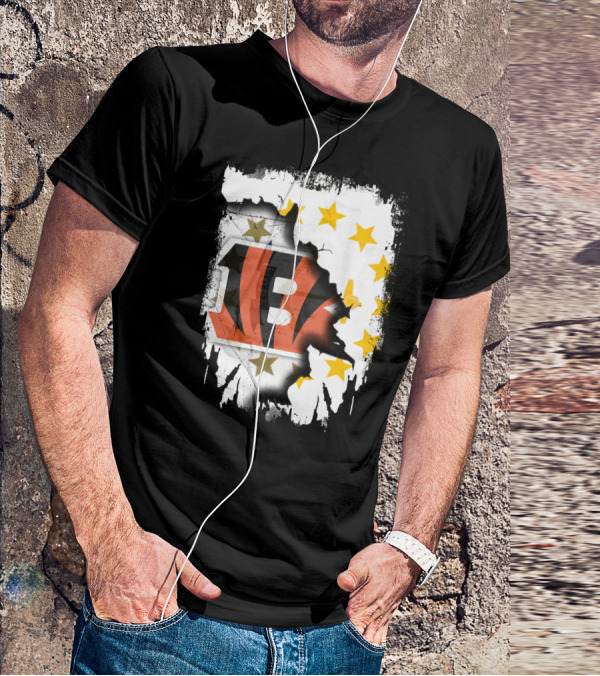 Rhode Island Map With Cincinnati Bengals Logo And Stars T-Shirt