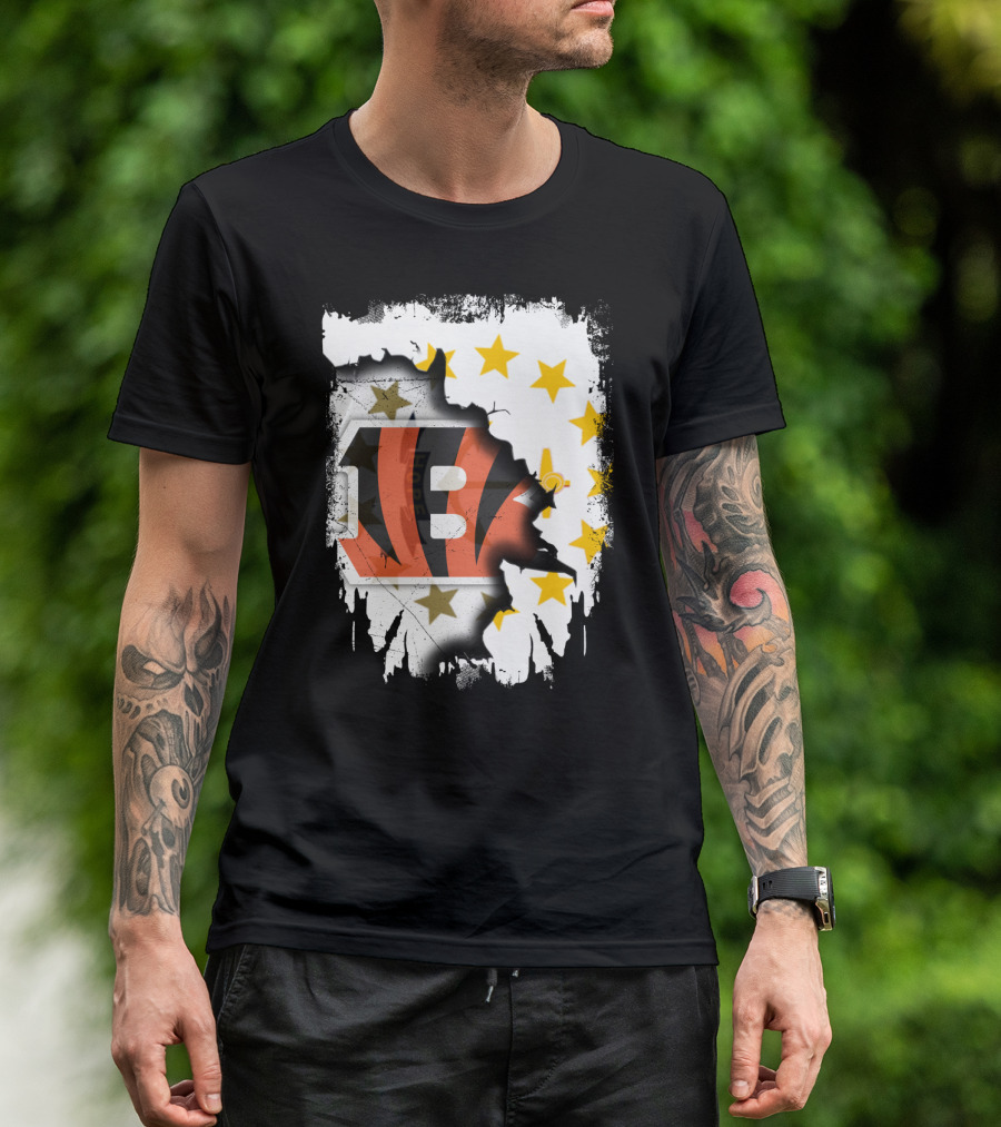 Rhode Island Map With Cincinnati Bengals Logo And Stars T-Shirt