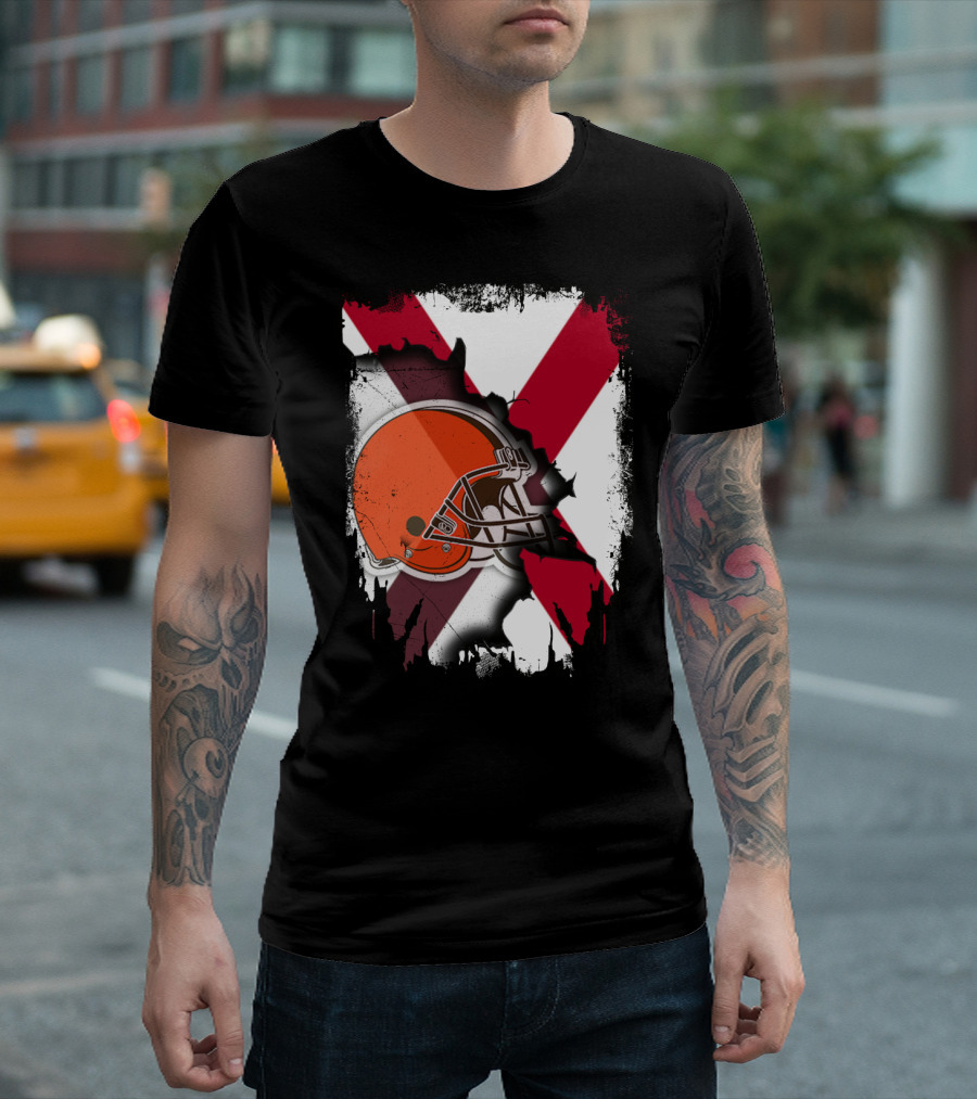 Alabama Browns Helmet Crossover on Distressed Crimson and White Background T-Shirt