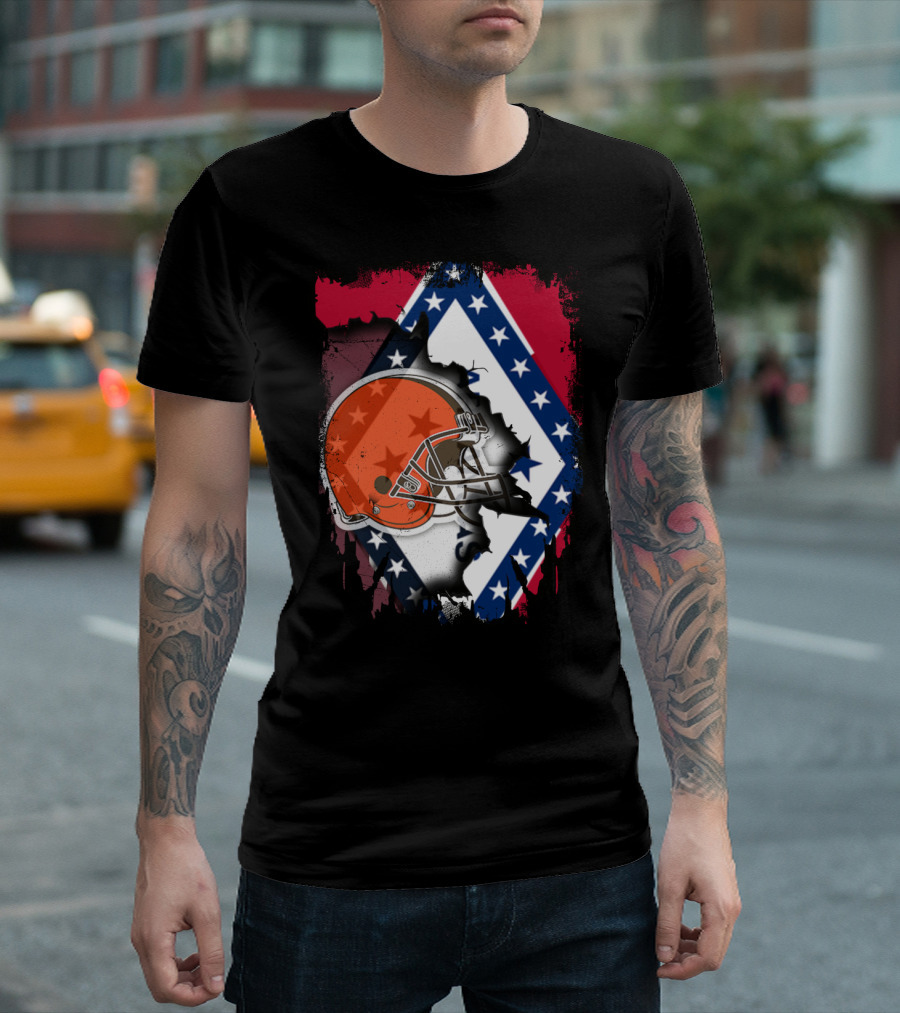 Together Arkansas Flag Tattered with Browns Helmet T-Shirt