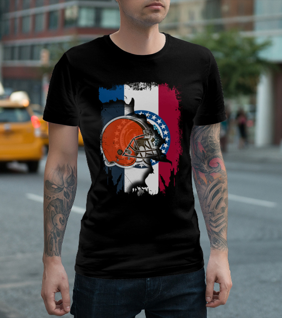 Cleveland Browns Helmet Over Missouri Flag Background T-Shirt
