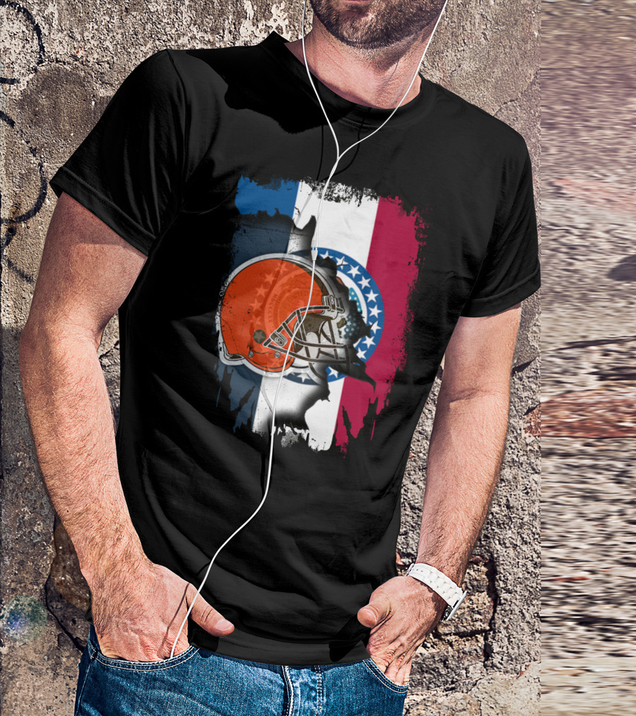 Cleveland Browns Helmet Over Missouri Flag Background T-Shirt
