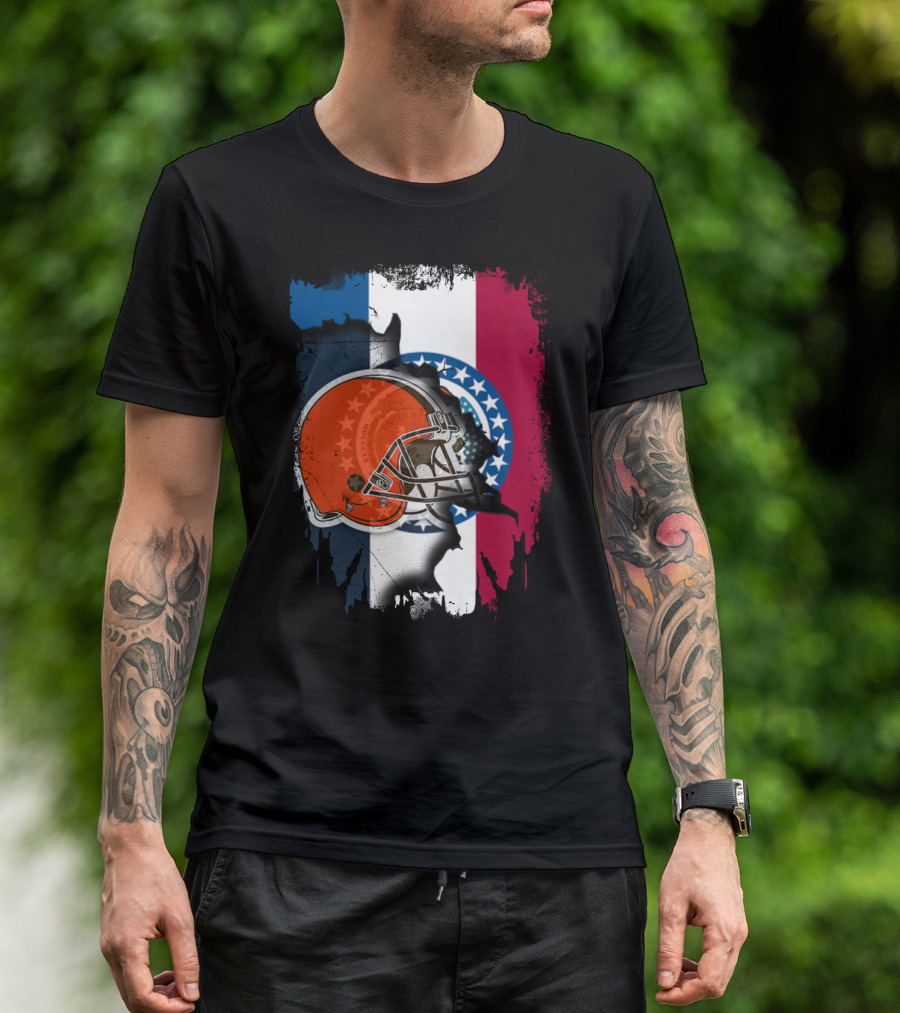 Cleveland Browns Helmet Over Missouri Flag Background T-Shirt