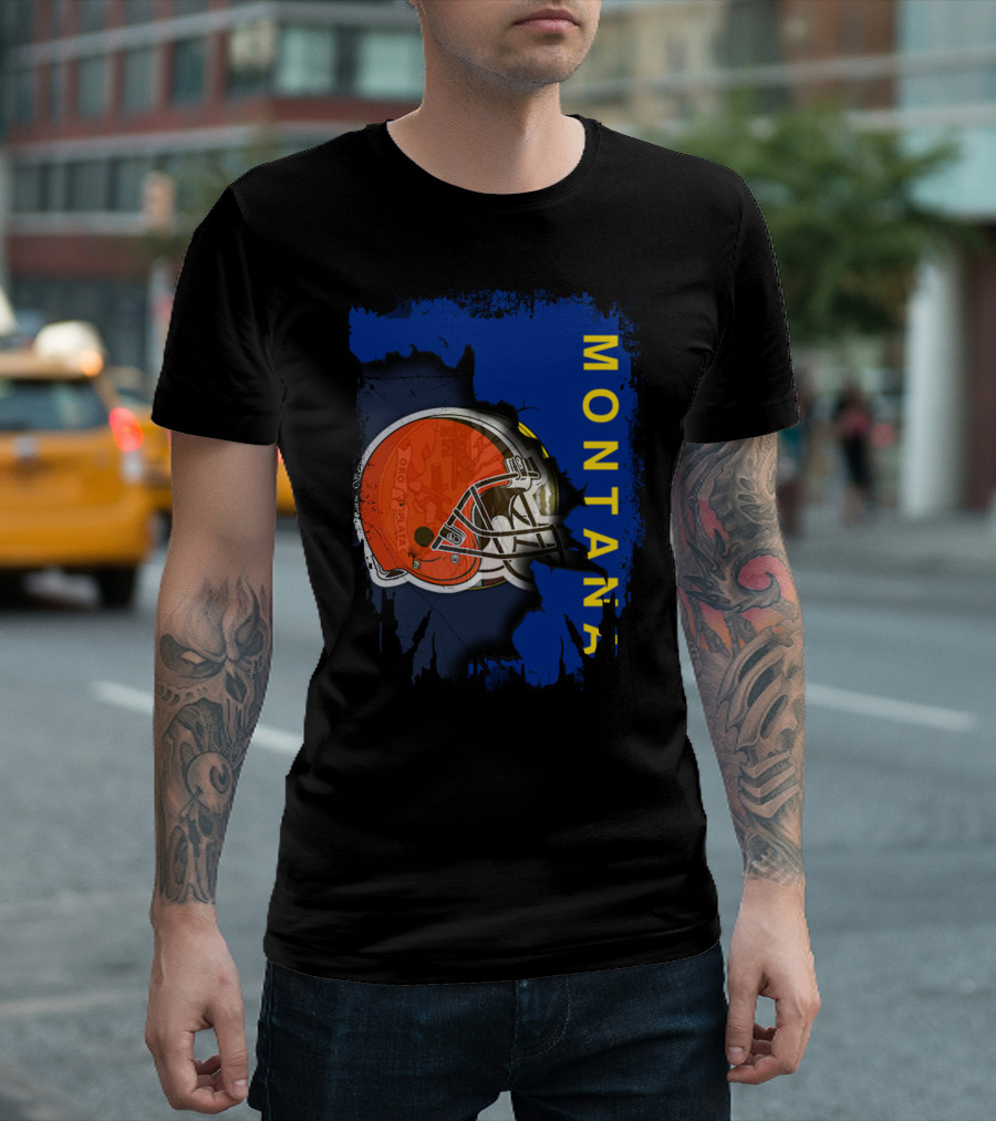 Montana Collaboration with Orange Football Helmet Browns Connection T-Shirt