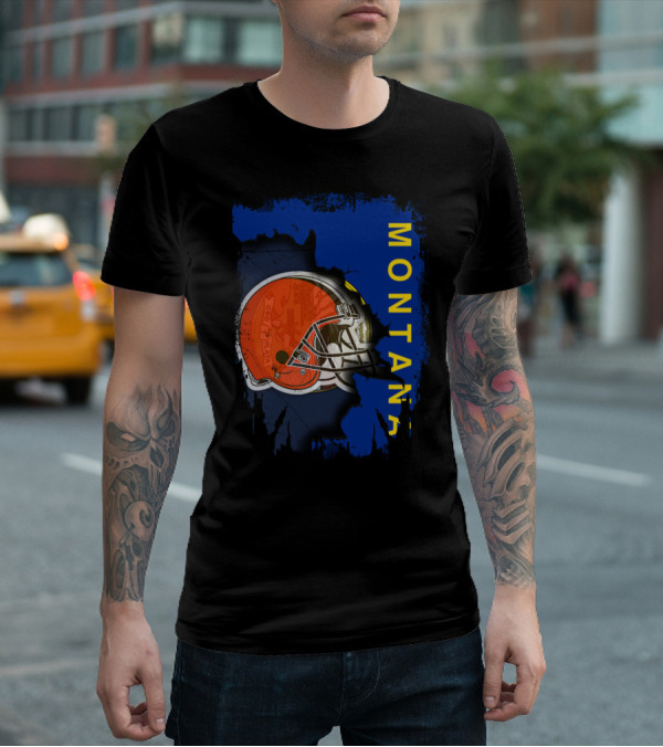 Montana Collaboration With Orange Football Helmet Browns Connection T-Shirt